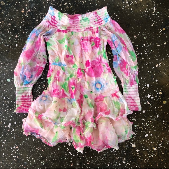 ROCOCO SAND Alora Mini Dress Multi Pink Floral Chiffon Off Shoulder - Picture 7 of 10